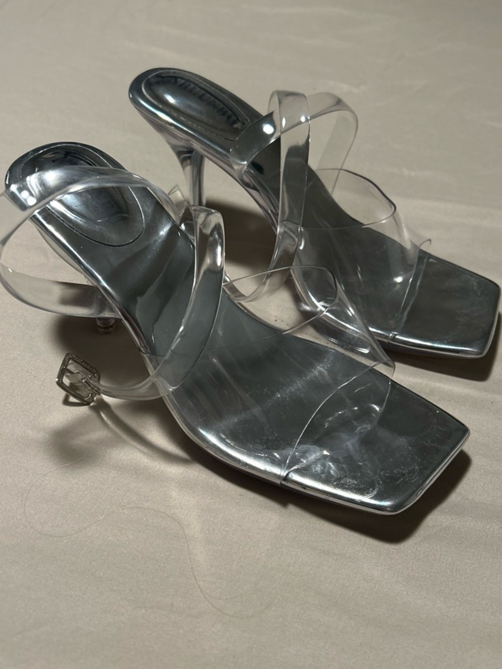 Silver Metallic Square-Toe Heels with Clear Straps